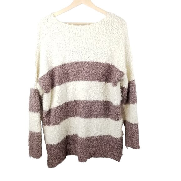 She + Sky M/L Popcorn knit Sweater Mauve Cream Striped Soft Cozy Boho - Picture 2 of 10